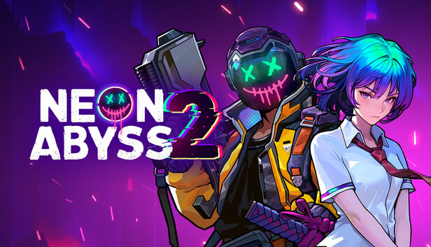 Personagem de Neon Abyss 2 em um cenário colorido e caótico
